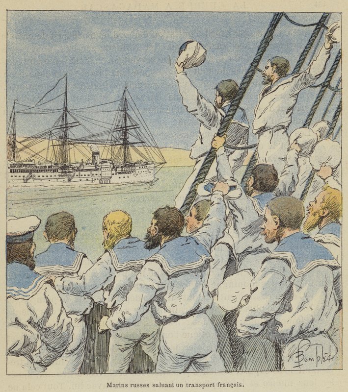 Rosyjscy marynarze pozdrawiają francuski transport autorstwa after Louis Charles Bombled