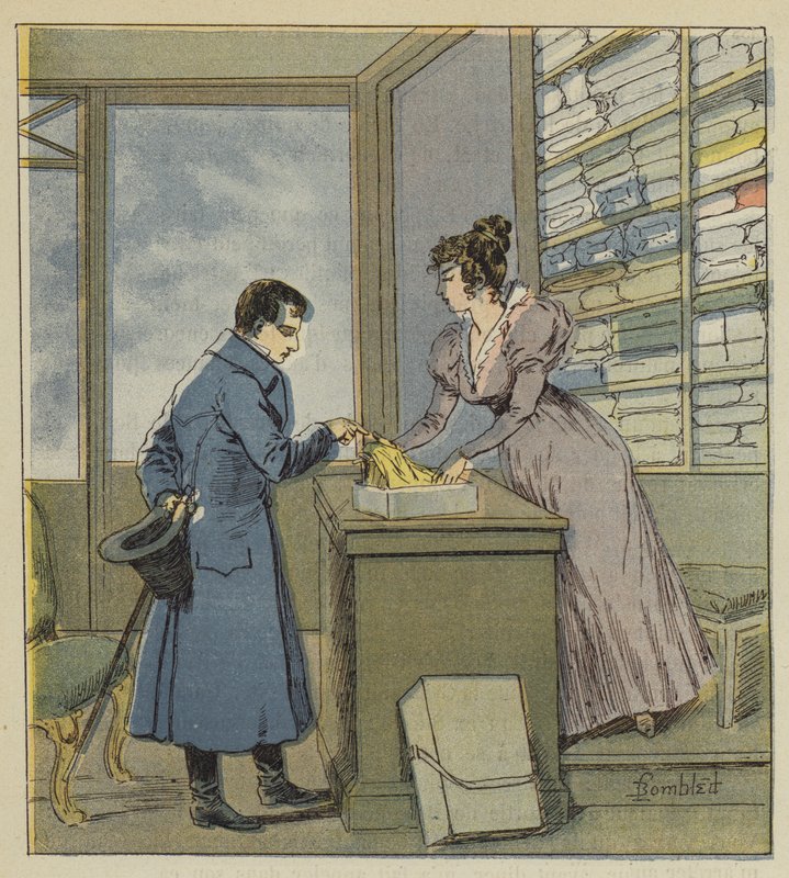 Napoleon w przebraniu w sklepie na rue Saint-Denis autorstwa after Louis Charles Bombled