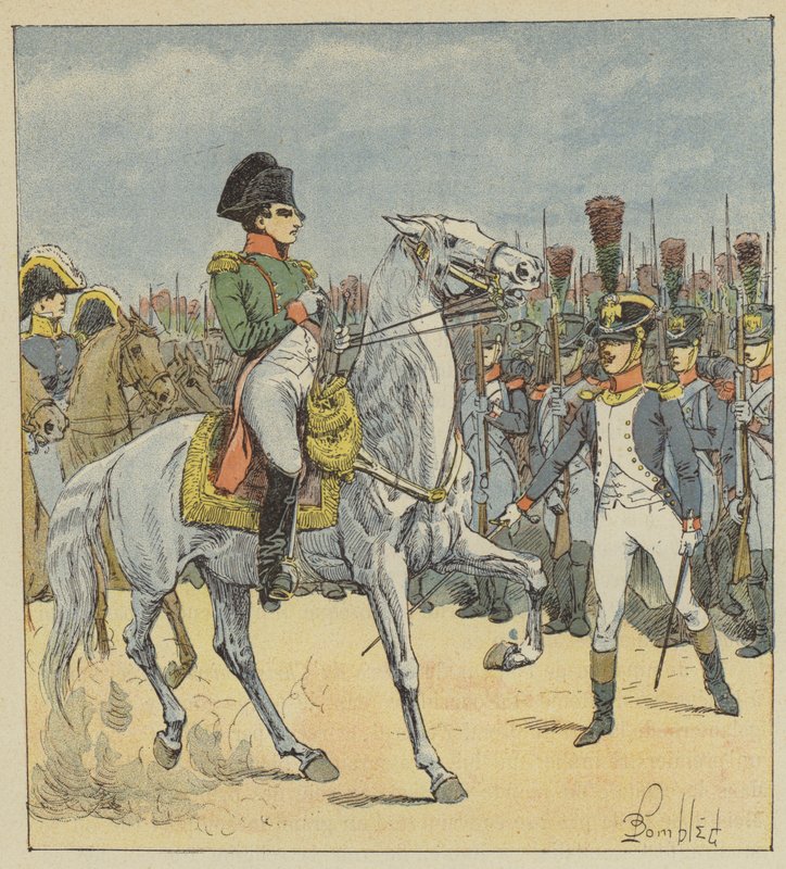 Napoleon zostaje wyzwany na paradzie przez porucznika autorstwa after Louis Charles Bombled