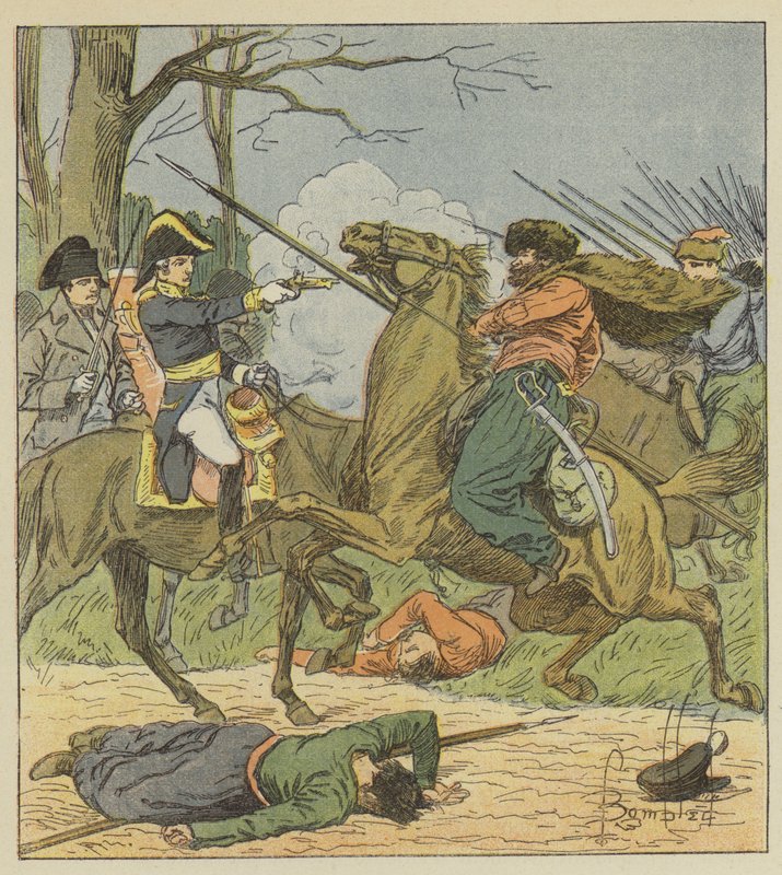 Napoleon zaskoczony Brienne przez Kozaków autorstwa after Louis Charles Bombled