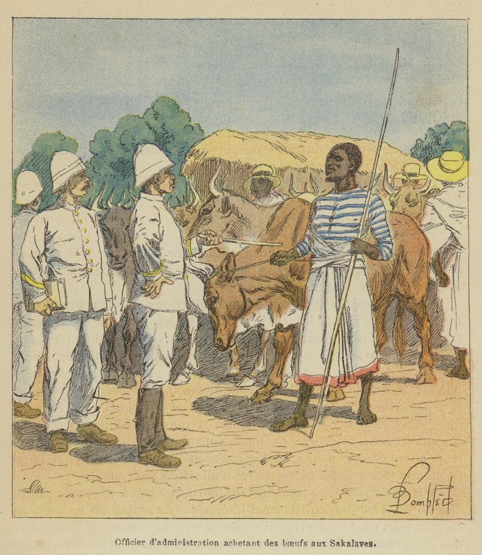 Oficer administracji kupuje woły od Sakalaves autorstwa after Louis Charles Bombled