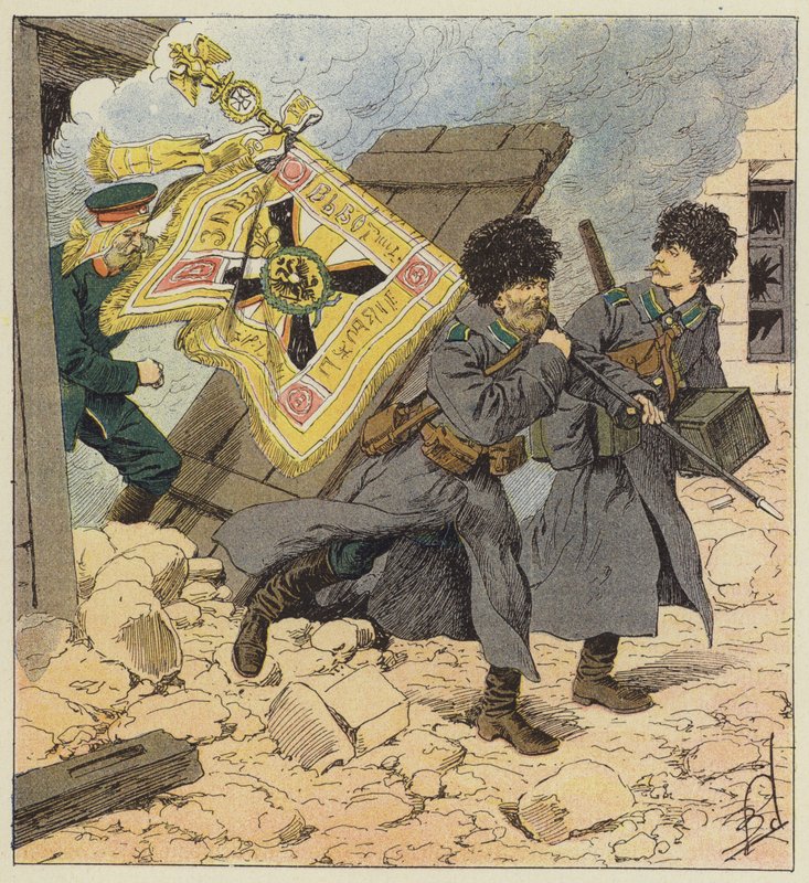 Ratowanie flagi podczas bombardowania Władywostoku autorstwa after Louis Charles Bombled