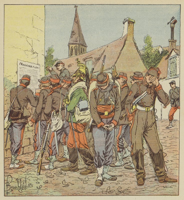 Żołnierze Armii Loary czytają sprawę kapitulacji Metzu autorstwa after Louis Charles Bombled