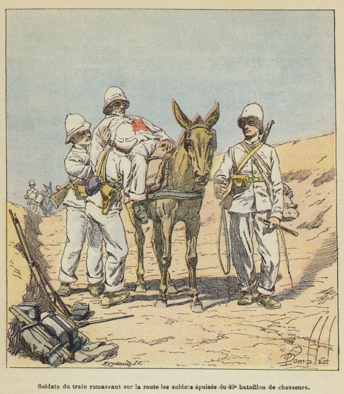 Żołnierze z pociągu zabierającego na drogę wyczerpanych żołnierzy 40. batalionu Chasseur autorstwa after Louis Charles Bombled