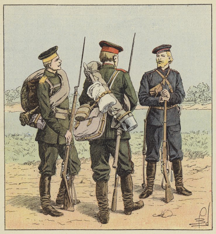 Rosyjscy żołnierze w strojach polowych autorstwa after Louis Charles Bombled