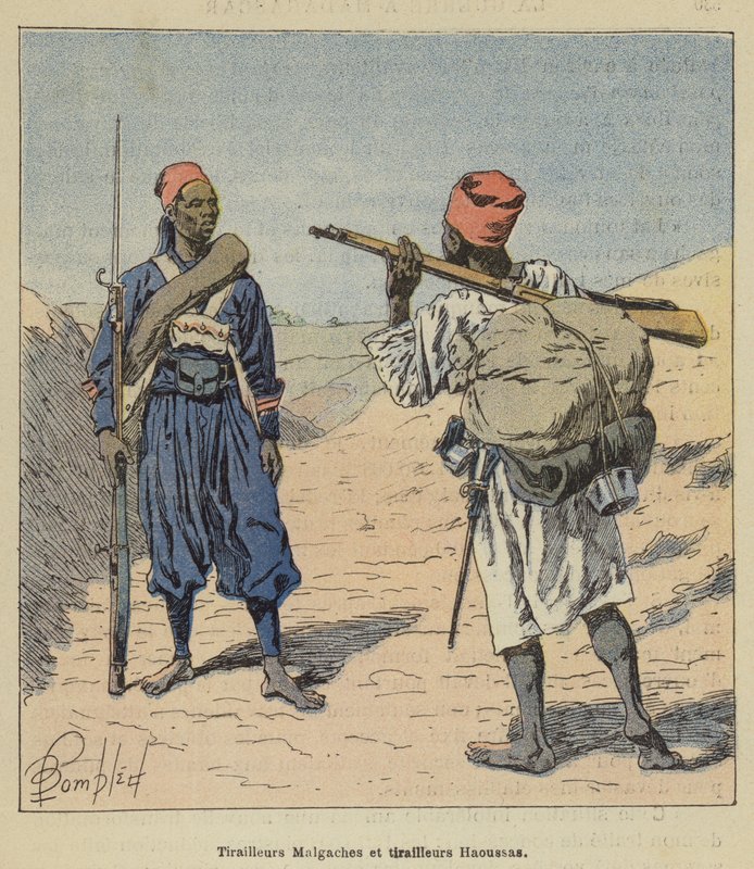 Harcownicy Madagaskaru i Harcownicy Hausa autorstwa after Louis Charles Bombled