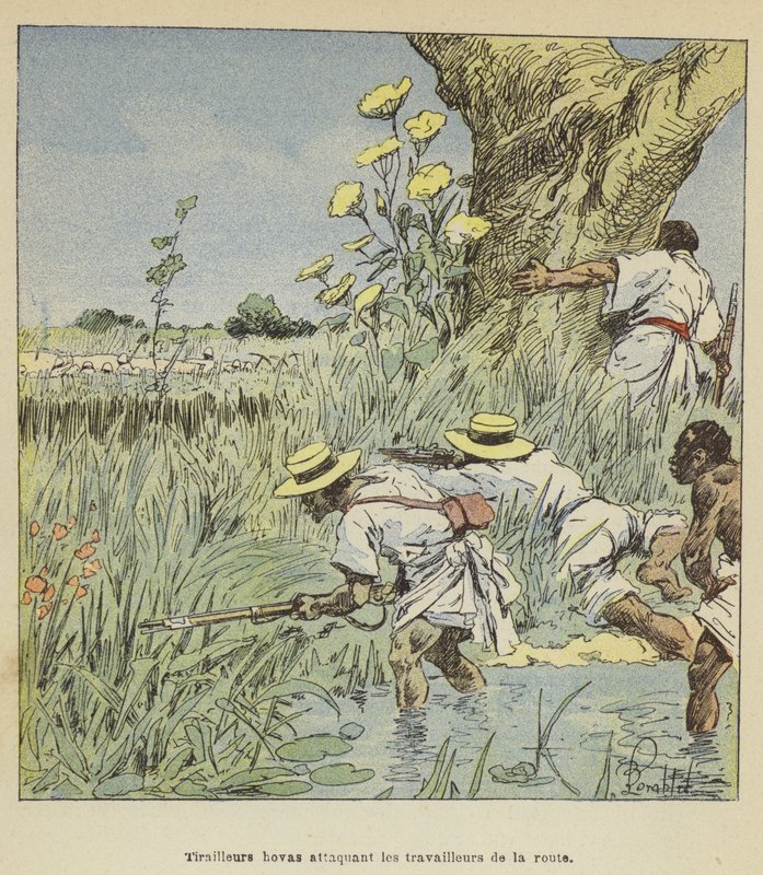 Harcownicy Hova atakują robotników drogowych autorstwa after Louis Charles Bombled