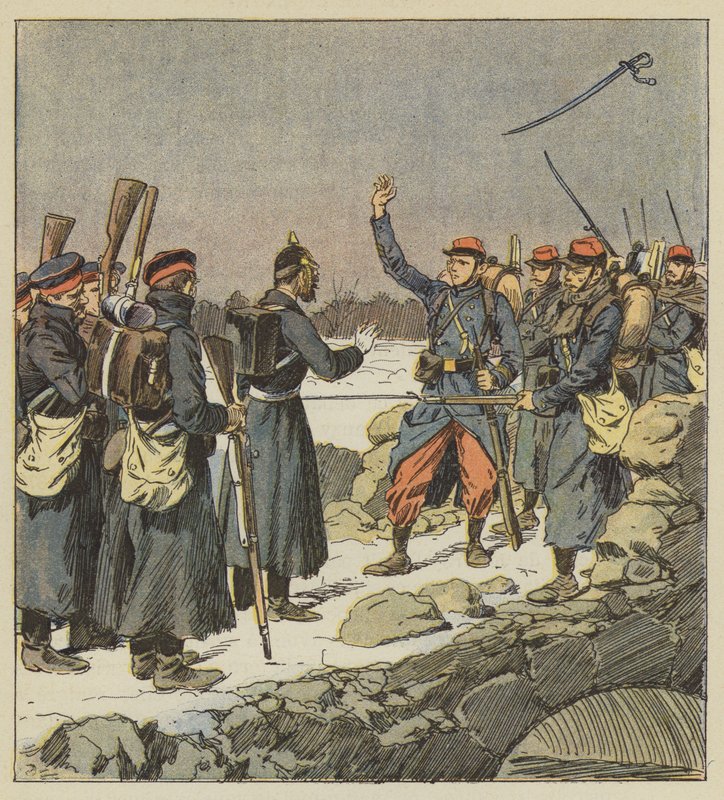 Niemiecki oficer oddaje swój miecz francuskiemu kapralowi, który rzuca go na wiatr autorstwa after Louis Charles Bombled