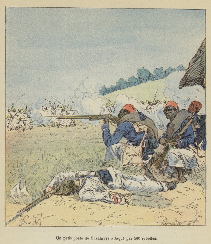 Mały posterunek Sakalaves zaatakowany przez 500 rebeliantów autorstwa after Louis Charles Bombled