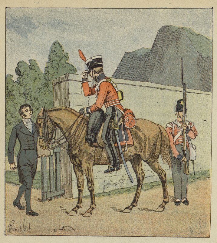 Sanitariusz na koniu przybywa do Longwood, by poprosić o atlas Le Sage autorstwa after Louis Charles Bombled