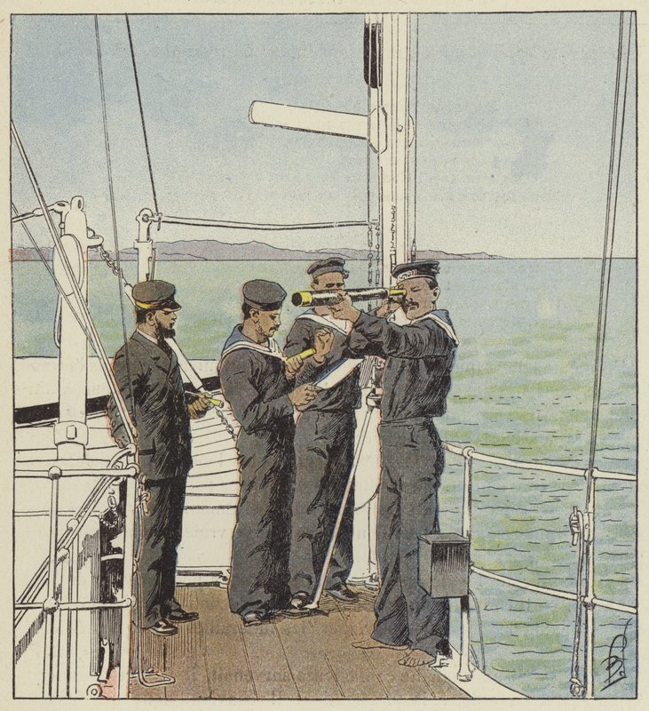 Japońscy obserwatorzy obserwujący flotę Port-Arthur autorstwa after Louis Charles Bombled