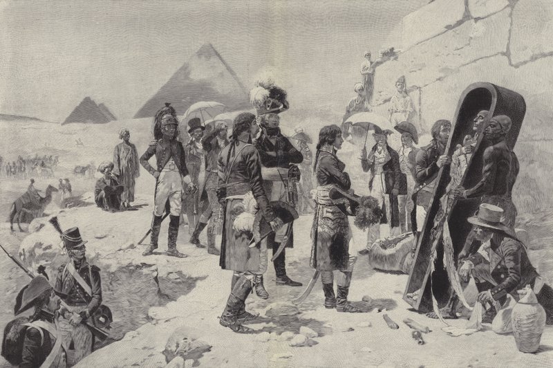 Napoleon przed piramidami kontemplujący mumię faraona autorstwa after Maurice Henri Orange