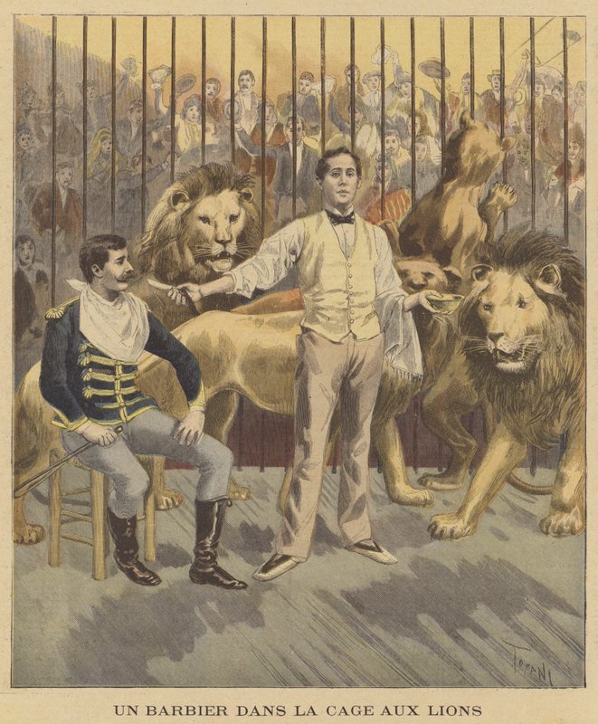 Fryzjer w klatce lwów autorstwa after Oswaldo Tofani