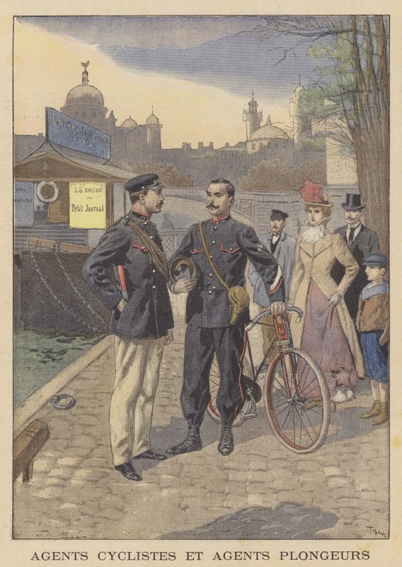 Rowerzysta policyjny i policjant rzeczny, Paryż autorstwa after Oswaldo Tofani