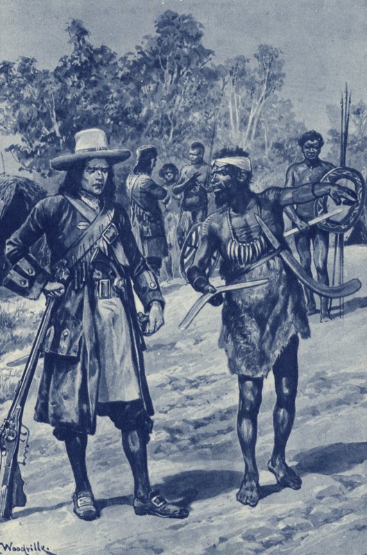 Kapitan William Dampier, badając zachodnie wybrzeże Australii, po raz pierwszy widzi bumerang autorstwa after Richard Caton II Woodville