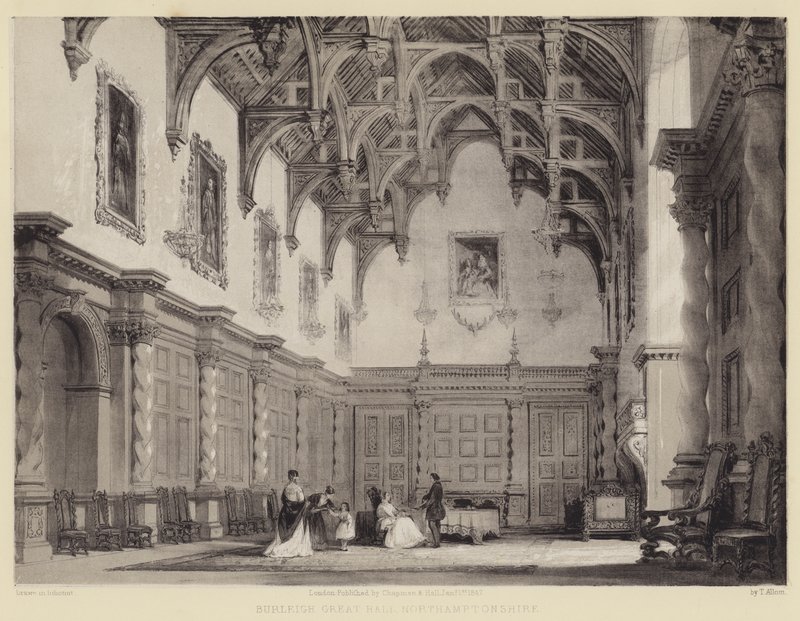 Burleigh Great Hall, Northamptonshire autorstwa after Thomas Allom