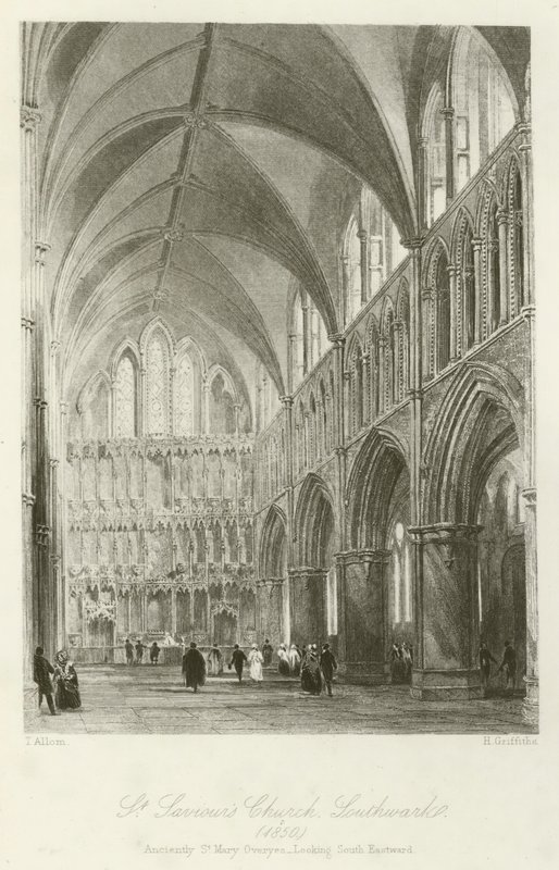 Kościół St Saviors, Southwark, 1850, starożytnie St Mary Overyes, patrząc na południowy wschód autorstwa after Thomas Allom