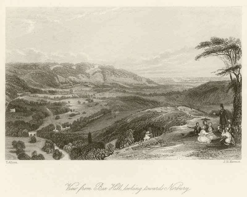 Widok z Box Hill, w kierunku Norbury autorstwa after Thomas Allom
