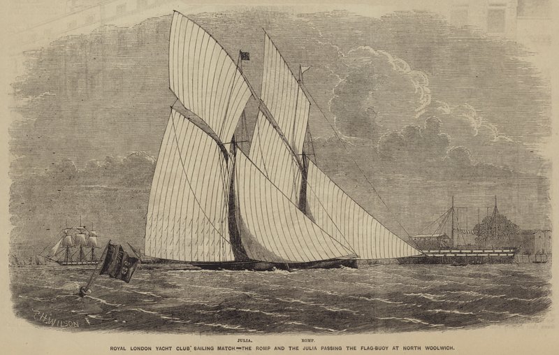 Mecz żeglarski Royal London Yacht Club, Romp i Julia przechodzące przez boję flagową w North Woolwich autorstwa after Thomas Harrington Wilson