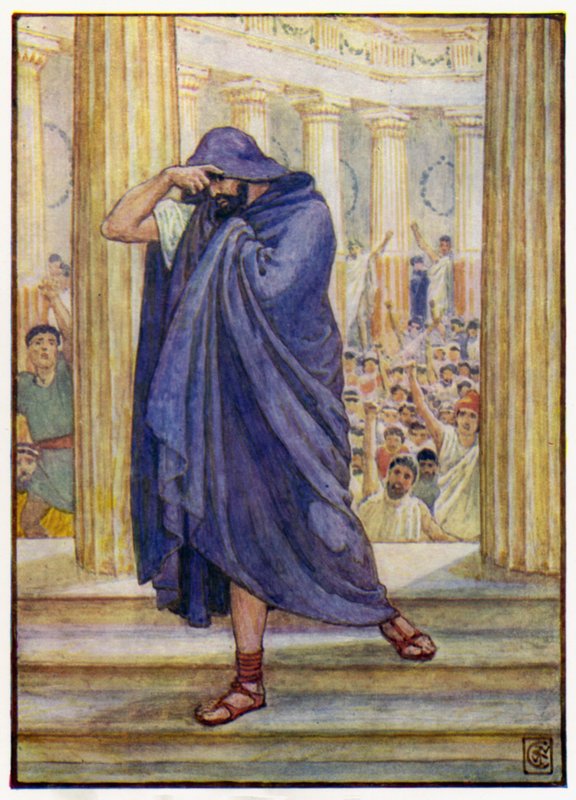 Opuścił zgromadzenie, ukrywając twarz w płaszczu autorstwa after Walter Crane