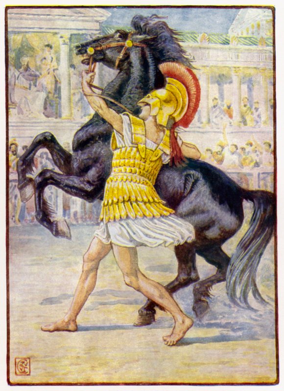 Pobiegł w stronę konia i chwycił uzdę autorstwa after Walter Crane