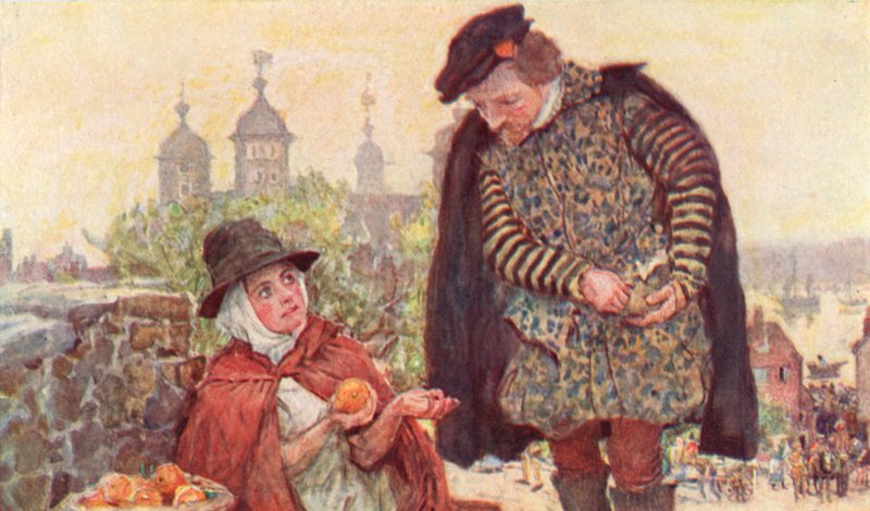 Szekspir kupuje dwupensową pomarańczę od sprzedawcy owoców na Tower Hill w Londynie autorstwa after William Hatherell