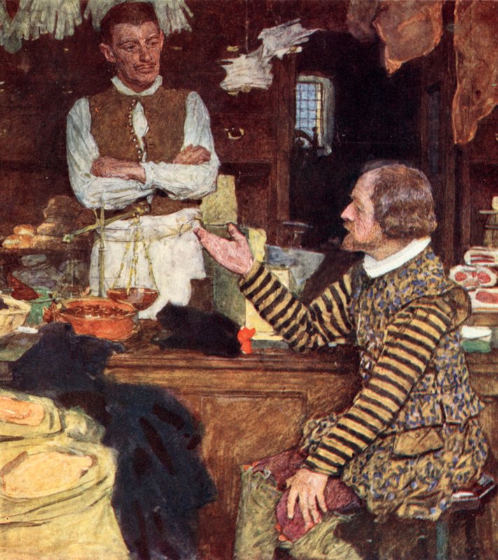 Shakespeare dzwoni do sklepu spożywczego w Bucklersbury, aby porozmawiać z Johnem Sadlerem, uczniem ze Stratford autorstwa after William Hatherell