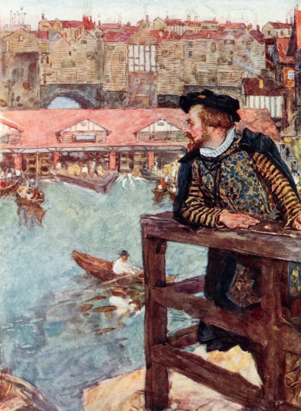 Szekspir spogląda na młyny wodne pod London Bridge autorstwa after William Hatherell
