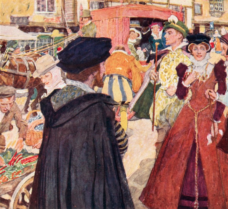 Szekspir obserwujący głupie mody i wybryki chuliganów na Ludgate Hill w Londynie autorstwa after William Hatherell