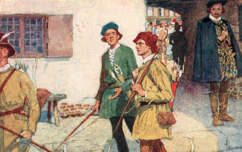 Szekspir widzi grupę uczniów z łukami i strzałami idących na pole łucznicze w Moorfields w Londynie autorstwa after William Hatherell