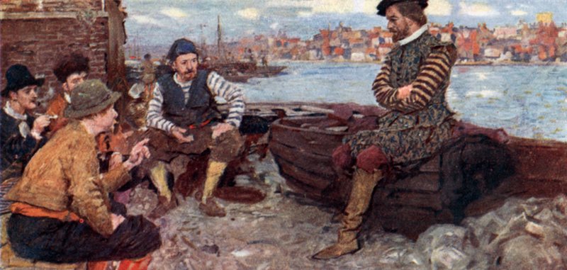 Szekspir rozmawia z niektórymi mężczyznami z Raleigh z hiszpańskiego Main autorstwa after William Hatherell