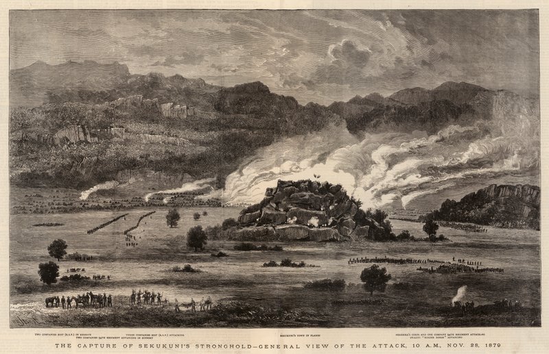 Zdobycie twierdzy Sekukunis, widok ogólny ataku, 10 rano, 28 listopada 1879 r. autorstwa after William Henry James Boot