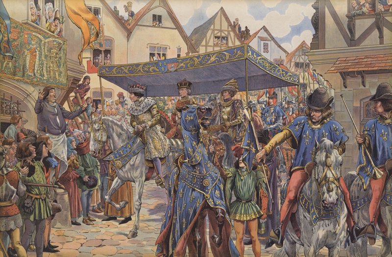 Tłumy na ulicach Paryża witają Ludwika XI przybywającego z Burgundii, aby przejąć swoje królestwo po śmierci ojca, Karola VII (kolor lito) autorstwa pseudonym for Onfray de Breville Jacques Job