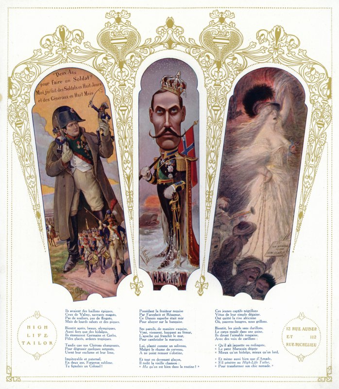 Francuskie szkolenie wojskowe, karykatura króla Norwegii Haakona VII i marokańskich imigrantów we Francji (kolor lito) autorstwa pseudonym for Onfray de Breville Jacques Job