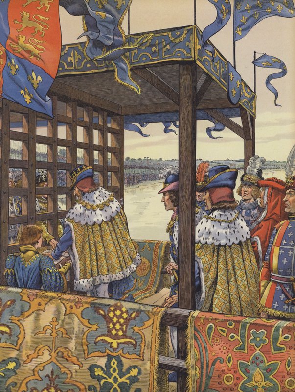 Ludwik XI z Francji i Edward IV z Anglii spotykają się w celu podpisania traktatu z Picquigny po obu stronach drewnianej bariery autorstwa pseudonym for Onfray de Breville Jacques Job