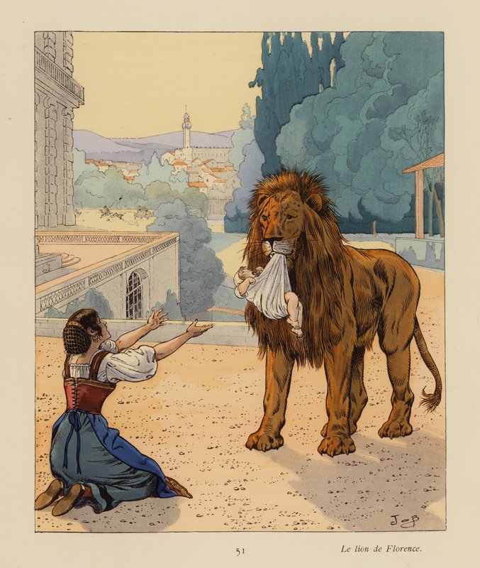 Lew florencki (kolorowa litografia) autorstwa pseudonym for Onfray de Breville Jacques Job
