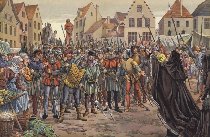 Maria, księżna Burgundii, błagająca lud Gandawy o życie dwóch doradców jej ojca, którzy byli w korespondencji z królem Francji Ludwikiem XI autorstwa pseudonym for Onfray de Breville Job