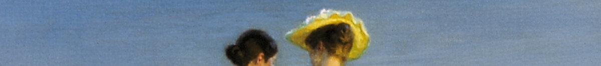 Letni wieczór na plaży w Skagen. Anna Ancher i Marie Krøyer idą razem na spacer. (Peder Severin Krøyer), Detail: Köpfe mit gelbem Strohhut