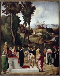 Dziecko Mojżesza poddane próbie ognia i złota przez faraona. detal (Olej na drewnie, ok.1502)
