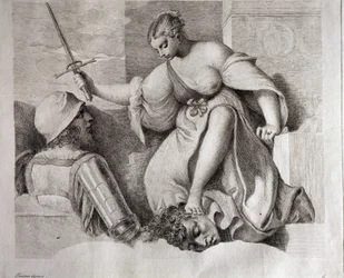 Salome z głową świętego Jana Chrzciciela. W lewym dolnym rogu napis "Tiziano Dipinse". Rycina autorstwa Giorgio da Castelfranco znanego jako Giorgione (1476/1478-1510) Kunsthistorisches Institute, Florencja.
