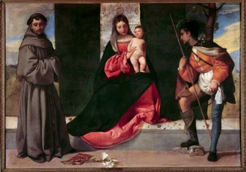 Dziewica z Dzieciątkiem między św. Antonim Padewskim a św. Rochem Obraz Giorgio Barbarelli da Castelfranco dit Giorgione (1477-1510). XVI w. niedz. 0,92x1,33 m Madryt, Muzeum Prado