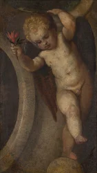Putto z czerwonym kwiatem, ok.1548-88 (olej na płótnie)