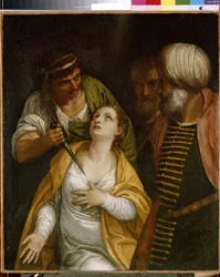 Męczennik św. Justyny. Justyna z Padwy (urodzona w III wieku-304), męczennica starożytnego Rzymu, została przebita mieczem. Obraz Paolo Veronese (1528-1588), olej na płótnie. Sztuka włoska (Wenecja)