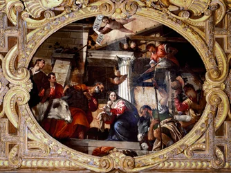 Adoracja pasterzy. Obraz Paolo Caliariego zwany Paolo Veronese (1528-1588), po 1568 r. Olej na płótnie. Wymiary: 910x455 cm. Wenecja, Bazylika Św. Giovanni e Paolo (San Zanipolo), kaplica Różańcowa. Wenecja (Bazylika Świętych Giovanniego i Paolo