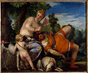 Afrodyta i Adonis. Adonis, postać z mitologii greckiej, kocha Afrodytę. Obraz Paola Veronesego (1528-1588)