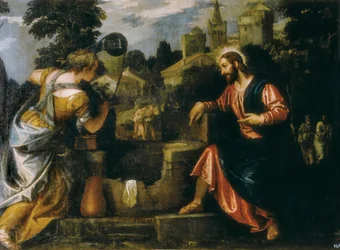 Chrystus i Samarytanka przy studni. Obraz Paolo Caliari powiedział Paolo Veronese (1528-1588) ,1580. Prawdziwy Monasterio de San Lorenzo de El Escorial.