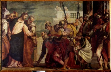 Jezus Chrystus i setnik. Setnik Kafarnaum błagał Jezusa, by walczył ze swoim sparaliżowanym sługą. Obraz Paolo Veronese (1528-1588) XVI w. Słońce. 1,92x2,97 m Madryt, Muzeum Prado