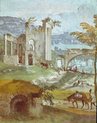 Krajobraz pokoju Bachusa. Obraz Paolo Caliariego zwany Paolo Veronese (1528-1588), ok. 1561. Fresco Maser (Treviso), Villa Barbaro, Pokój Bachusa