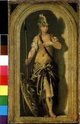 Minerwa (Minerka). Obok niej jej tarcza z głową Gorgony Meduzy. Obraz Paolo Veronese (1528-1588). Olej na płótnie, 28 x 16 cm, ok. 1560. Sztuka wenecka, renesans włoski. Muzeum Sztuk Pięknych im. Puszkina w Moskwie.