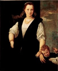Portret kobiety z dzieckiem i psem (dzieci Francesco Bevilacqua?) Obraz Paolo Veronese Caliari (1528-1588) XVI-wieczne nd. 115x95 cm Paryż, Muzeum Luwru